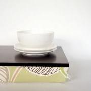 Stable table, iPad stand or wooden Breakfast in Bed serving Tray - Black with pastel green Leaf print Pillow
