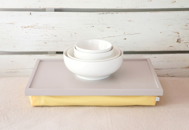 Wood Breakfast Serving Or Laptop Lap Desk- Soft Grey With Yellow Cotton Linnen Pillow