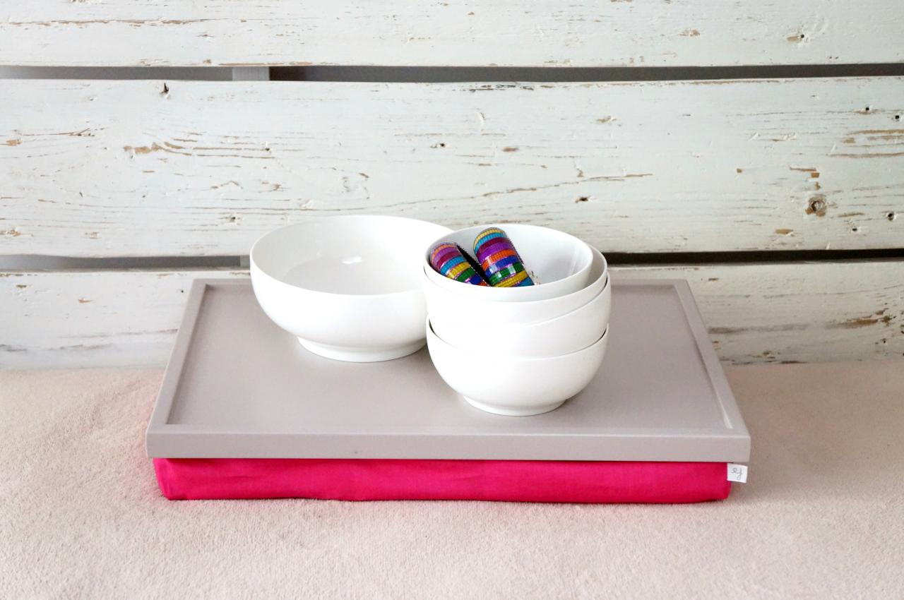 Breakfast Serving Or Laptop Lap Desk- Soft Grey With Fuchsia Pillow
