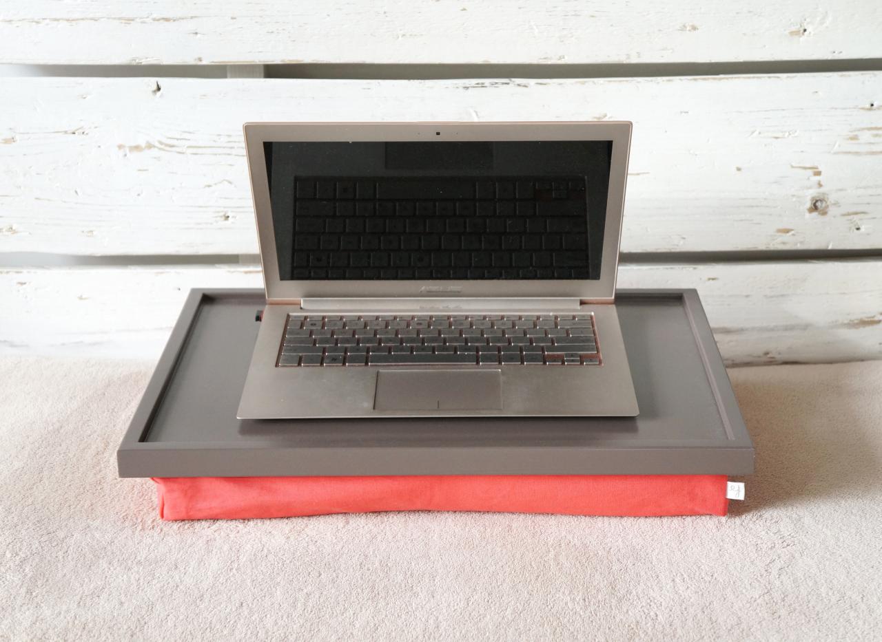 Wood Breakfast Serving Or Laptop Lap Desk- Greyish Brown With Coral Linnen Pillow