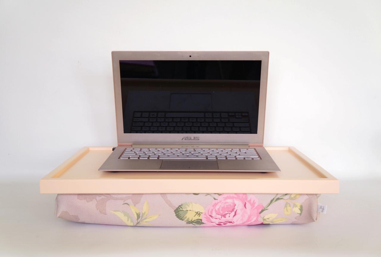 Laptop Lap Desk Or Breakfast Serving Tray - Soft Peach With Rose Floral Print Pillow
