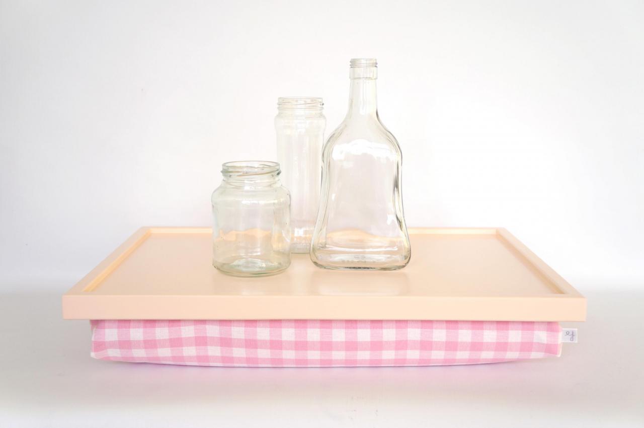 Laptop Lap Desk Or Breakfast Serving Tray - Light Peach With Soft Pink Checked Pillow
