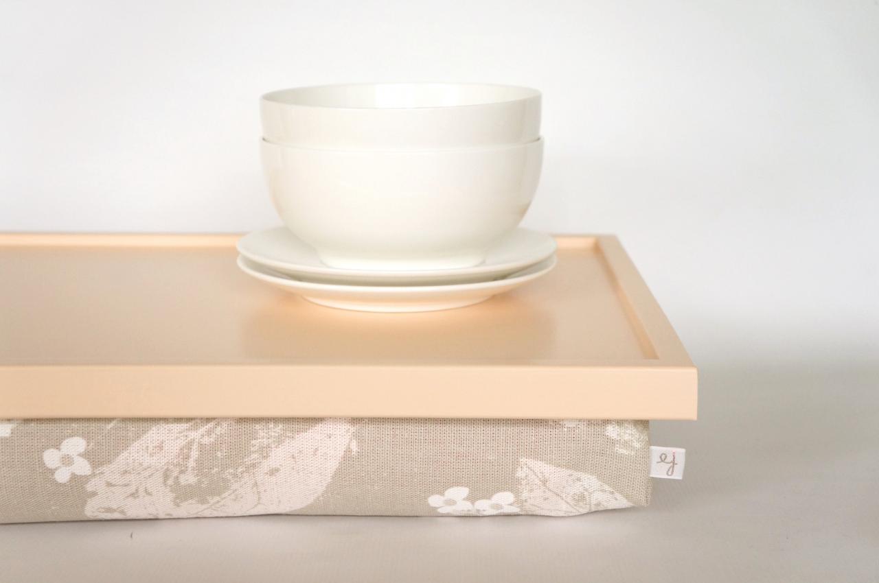 Laptop Lap Desk Or Ipad Stand- Peach Cream Tray With Pastel Grey Flower Print Pillow- L Size