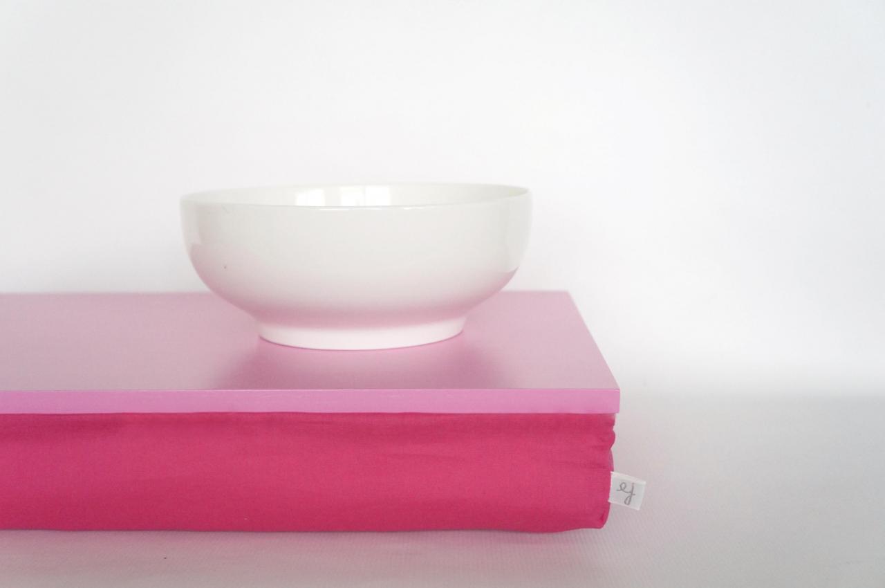 Stable Table, Ipad Stand Or Wooden Breakfast In Bed Serving Tray - Bright Pink With Fuchsia Pink Pillow
