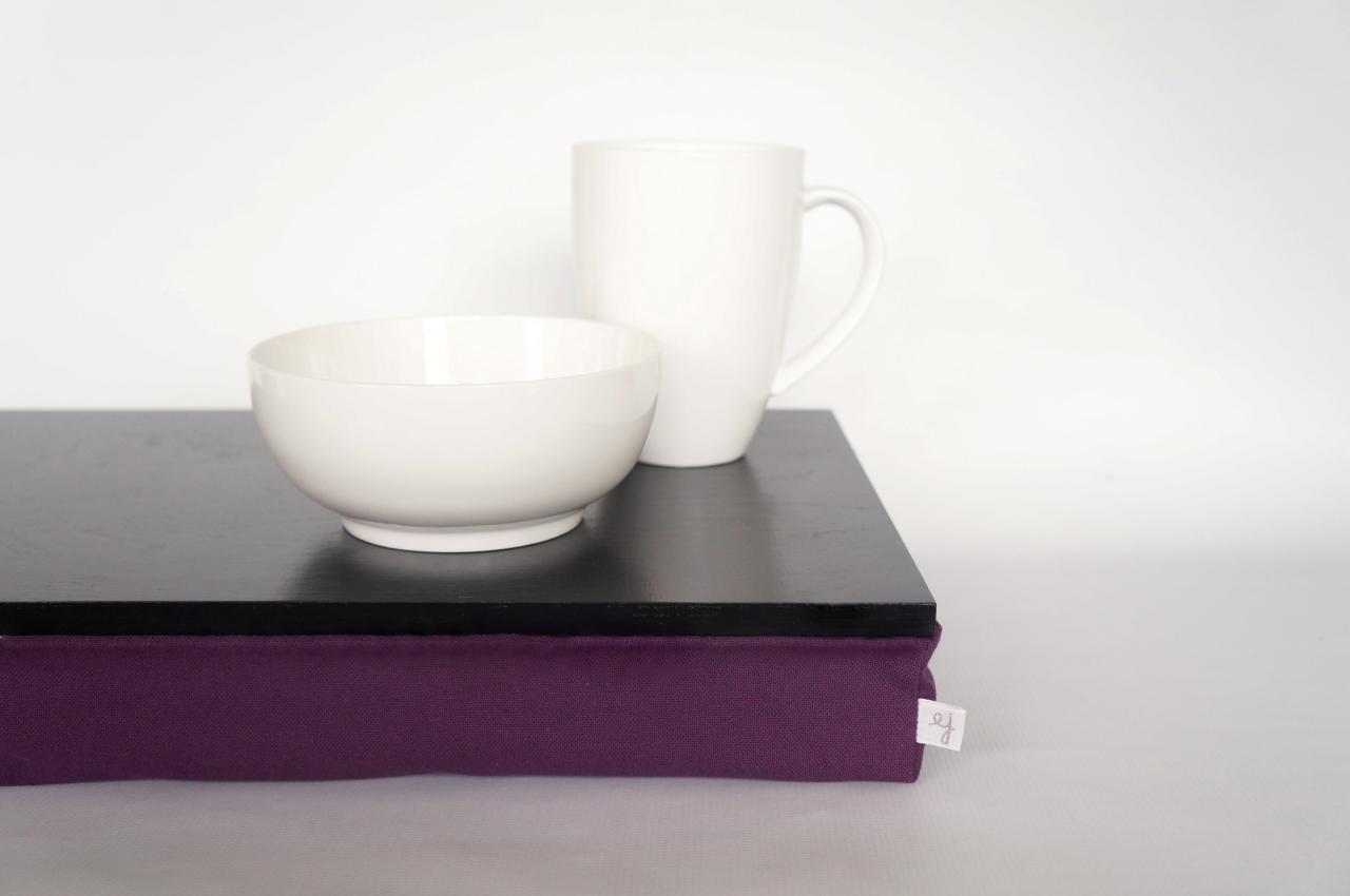 Stable Table, Ipad Stand Or Wooden Breakfast In Bed Serving Tray - Black With Purple Pillow
