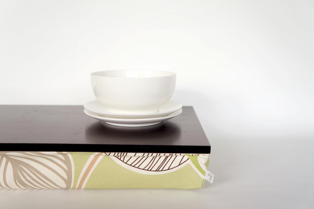 Stable Table, Ipad Stand Or Wooden Breakfast In Bed Serving Tray - Black With Pastel Green Leaf Print Pillow