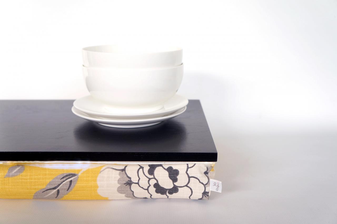 Wedding Gift- Stable Table, Ipad Stand Or Breakfast Serving Tray - Black With Yellow, Cream And Grey Floral Print Pillow