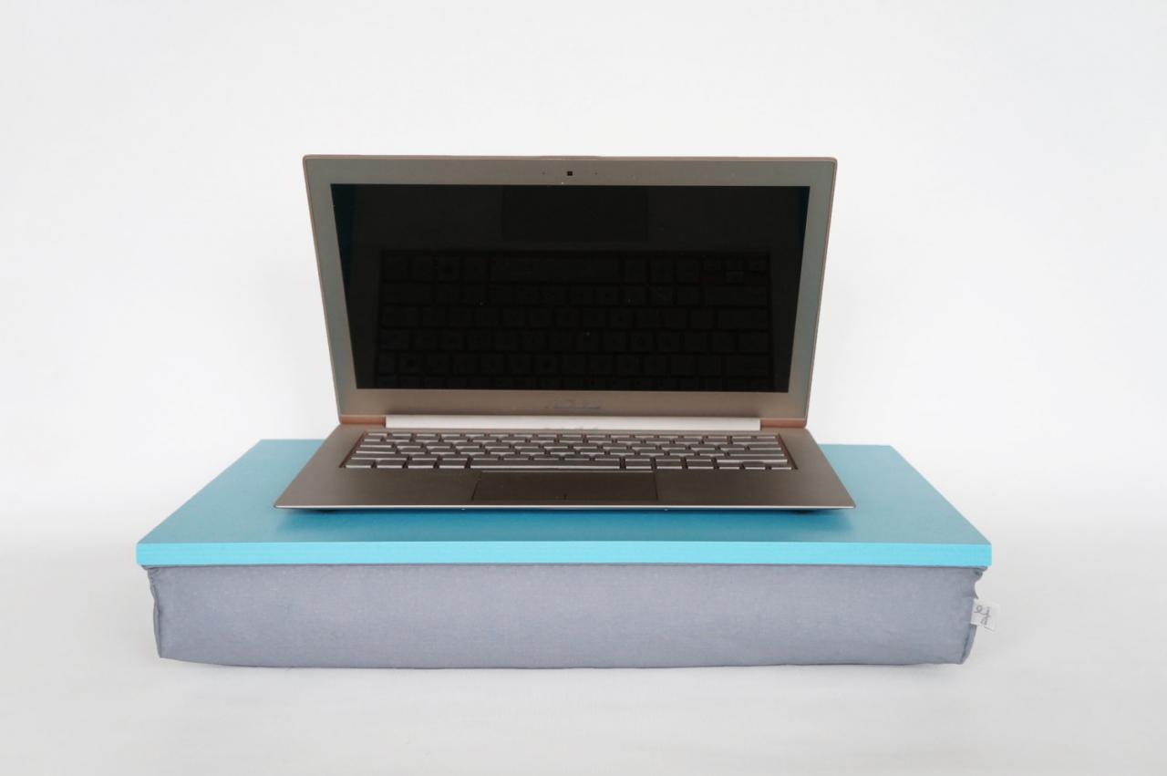 Serving Tray Or Laptop Lap Desk With Support Pillow - Aqua Blue With Grey Cotton Pillow