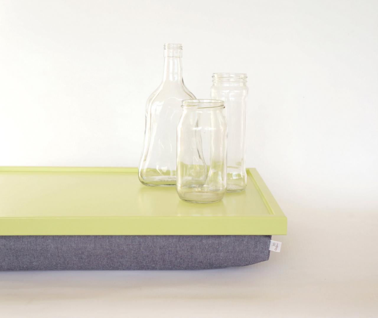 Denim Support Pillow With Tray, Laptop Lap Desk Or Breakfast Serving Tray - Light Green With Denim Cushion