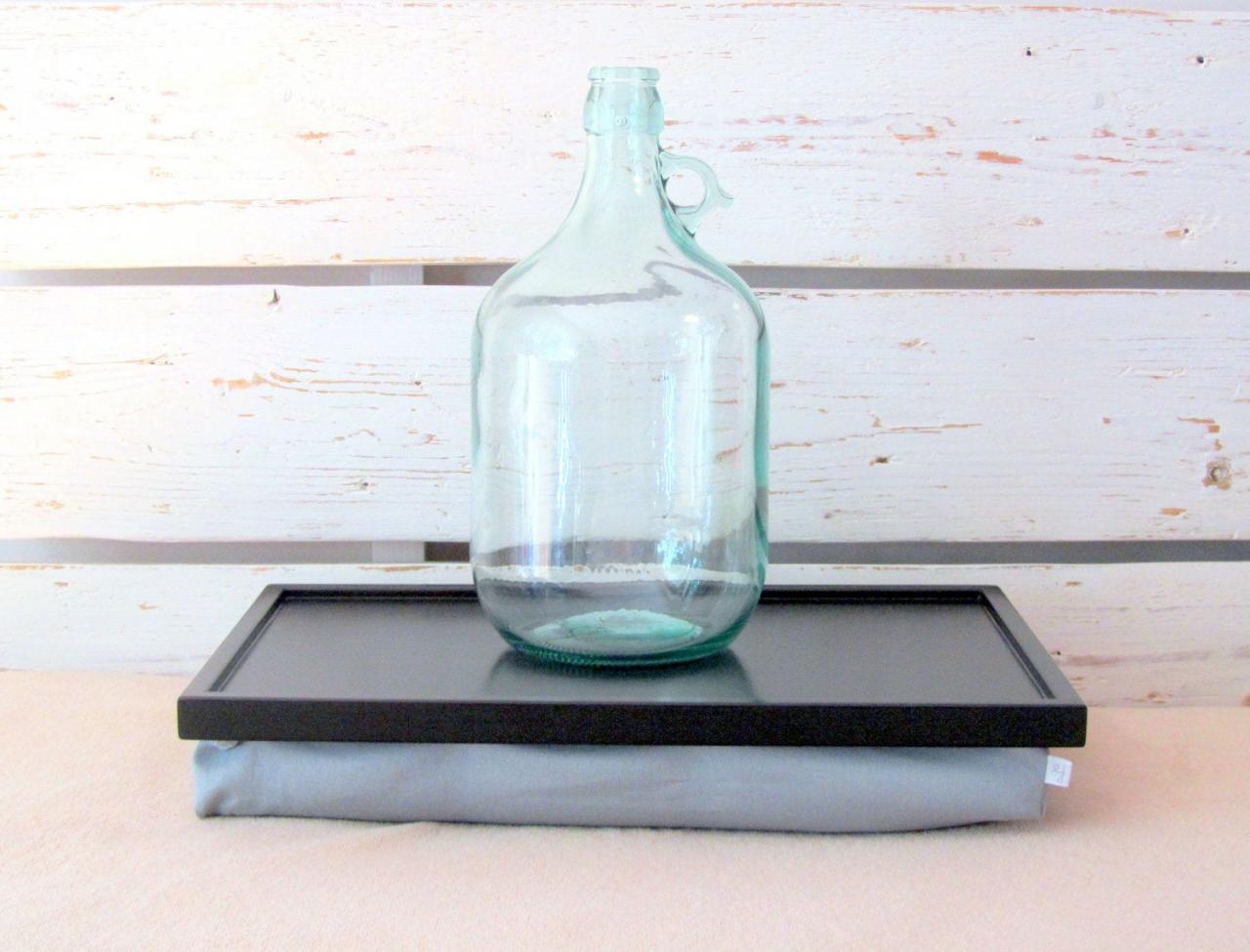 Wood Bed Tray, Laptop Lap Desk Or Breakfast Serving Tray - Black With Grey Cotton Fabric Pillow