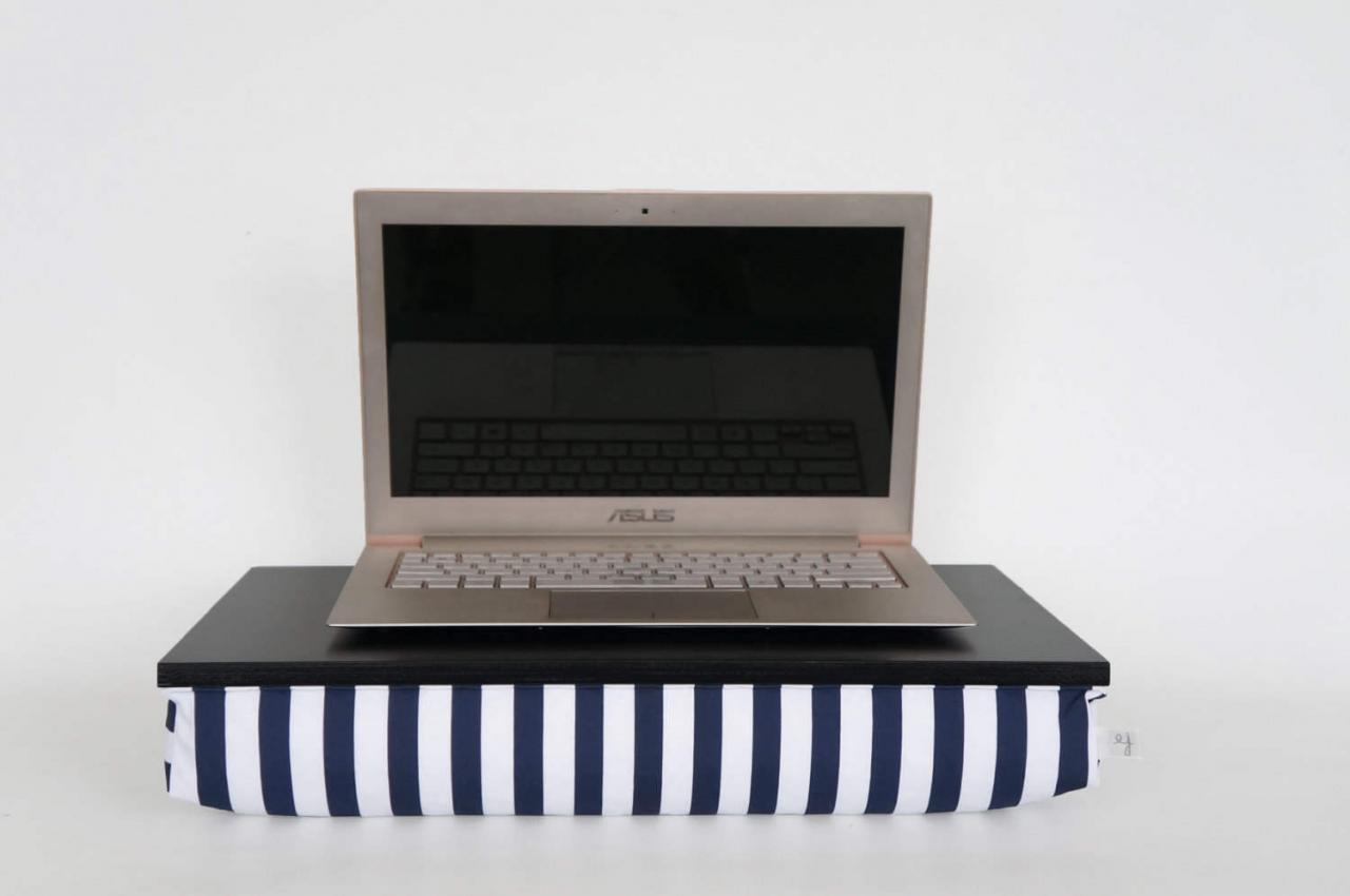 Laptop portable table, Laptop stand, Breakfast in Bed Tray - black with navy and white striped Pillow