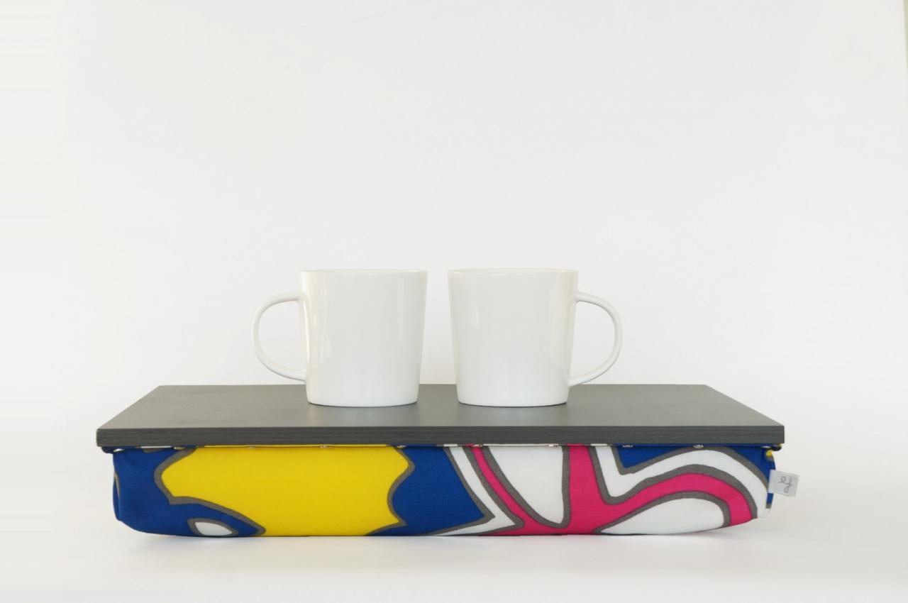 Lapdesk, Ipad Stand Or Wooden Breakfast In Bed Serving Tray - Graphite Grey With Yellow Printed Pillow