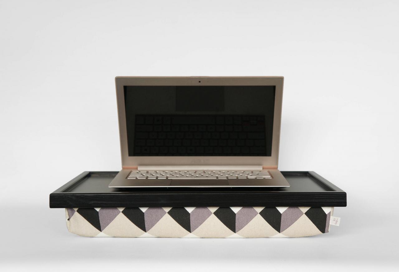 Ipad Desk Or Laptop Lapdesk - Black With Monochrome Graphic Pattern Pillow In Black, White And Grey