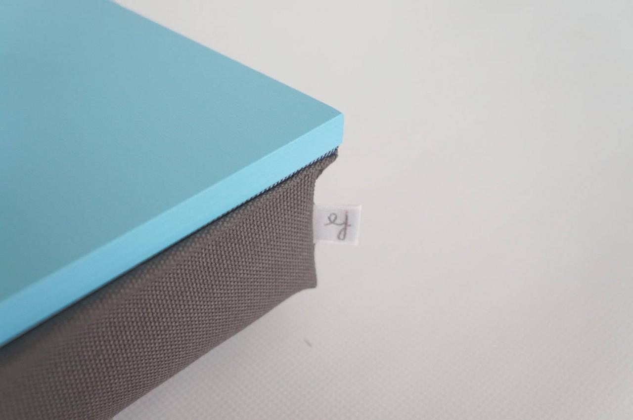 Minimalistic Bed Serving Tray, Laptop Stand, Pillow Tray- Aqua Blue With Brown Sturdy Pillow