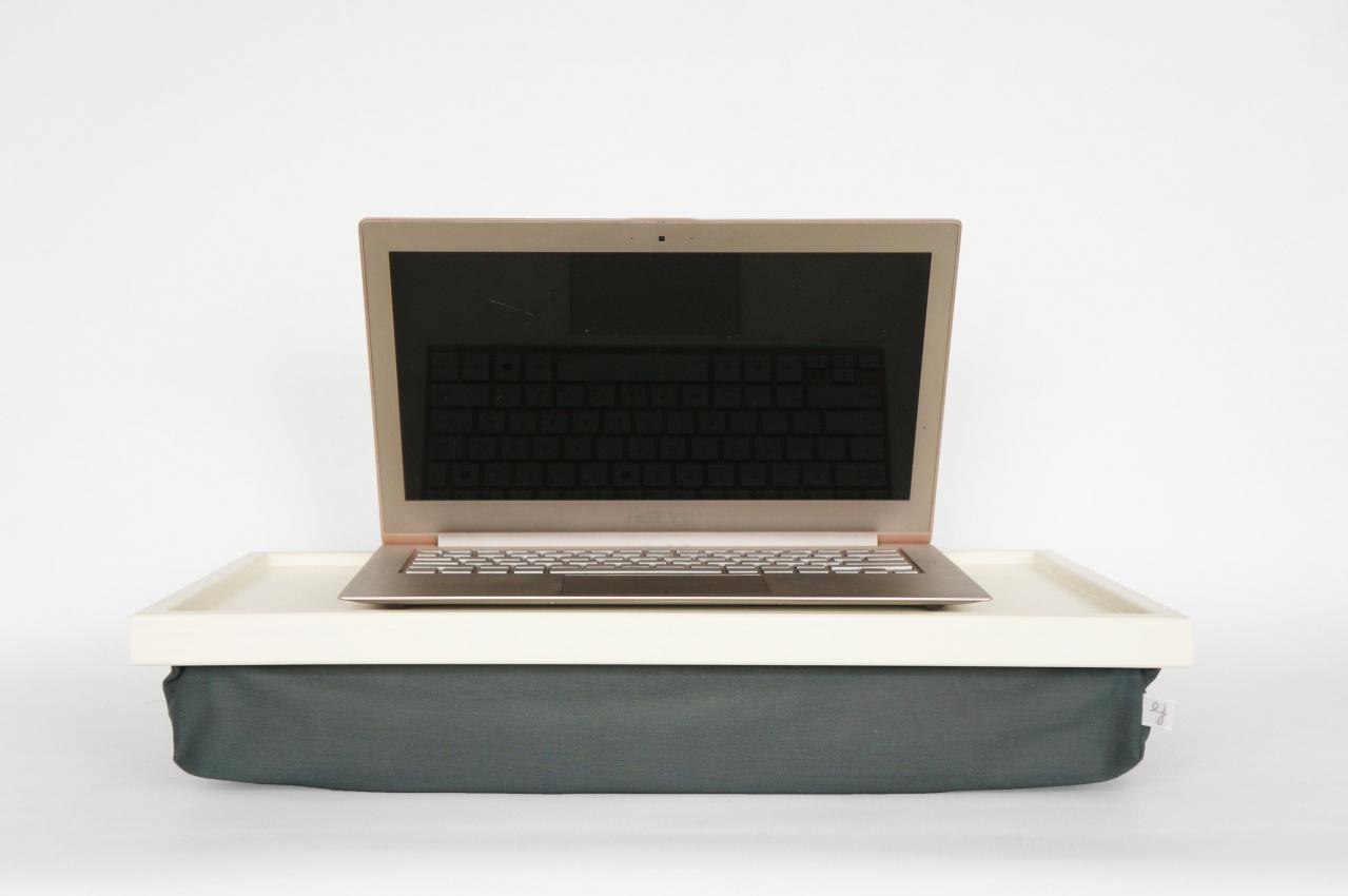 Laptop Table, Stand, Laptop Pad- Ivory White Tray With Dark Olive Green Support Beandbag Pillow