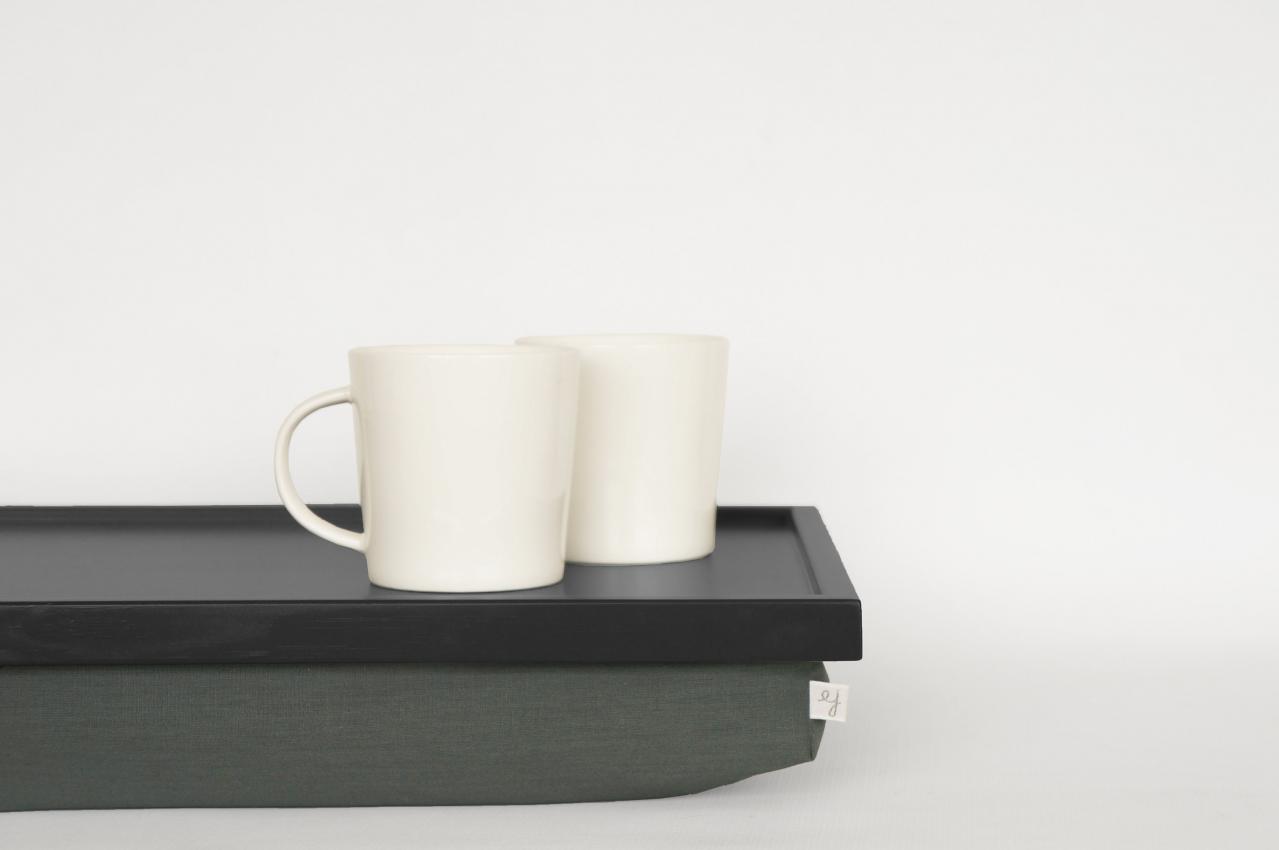 Minimalistic Serving Tray, Laptop Table, Stand, Laptop Pad- Black Tray With Dark Olive Green Support Beandbag Pillow