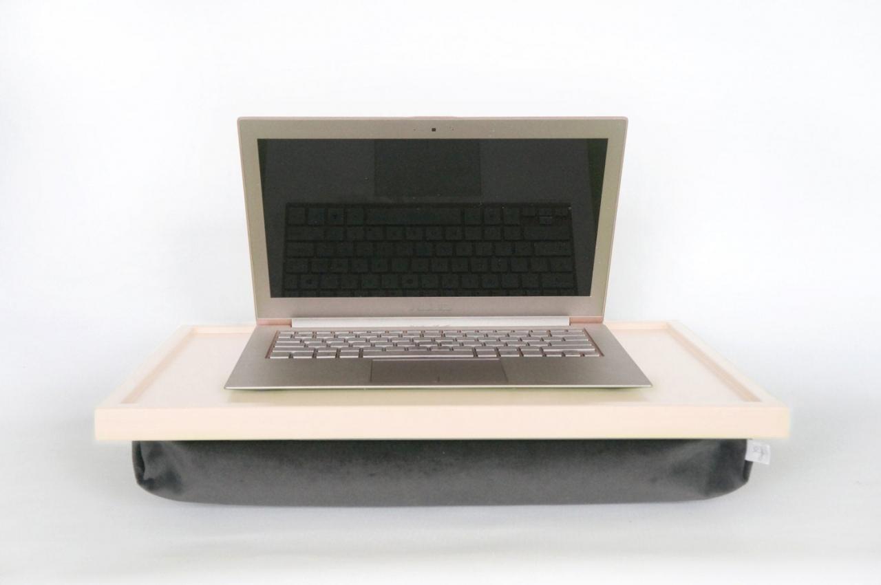 Luxury Gift, Velvet Pillow Laptop Stand, Serving Tray- Soft Peach Tray With Dark Grey Velvet Fabric Pillow