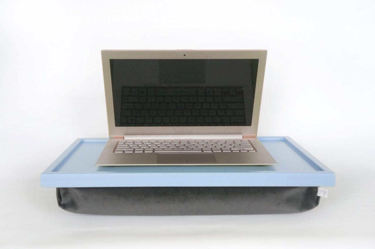 Luxury Laptop Stand, Velvet Pillow Laptop Stand, Serving Tray- Light Blue Tray With Dark Grey Velvet Fabric Pillow