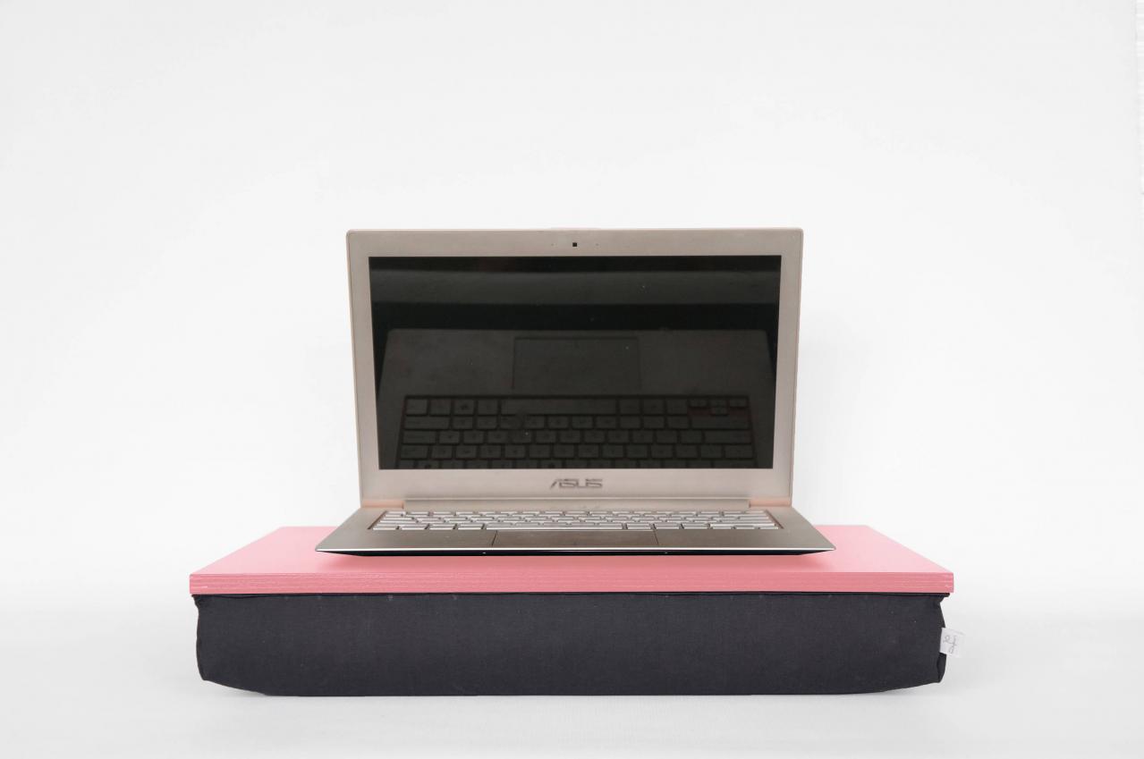 Laptop Portable Table, Laptop Stand, Laptop Pad- Caramel Pink Flat Surface Tray With Dark Grey Support Beandbag Pillow