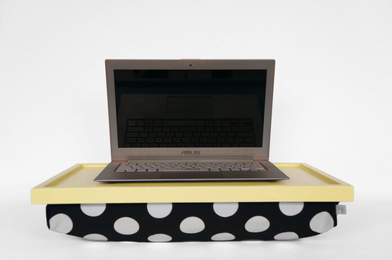 Laptop Portable Table, Laptop Stand, Breakfast Serving Tray, Decorative Pillow Tray- Light Yellow With Black And White Polka Dot Pillow