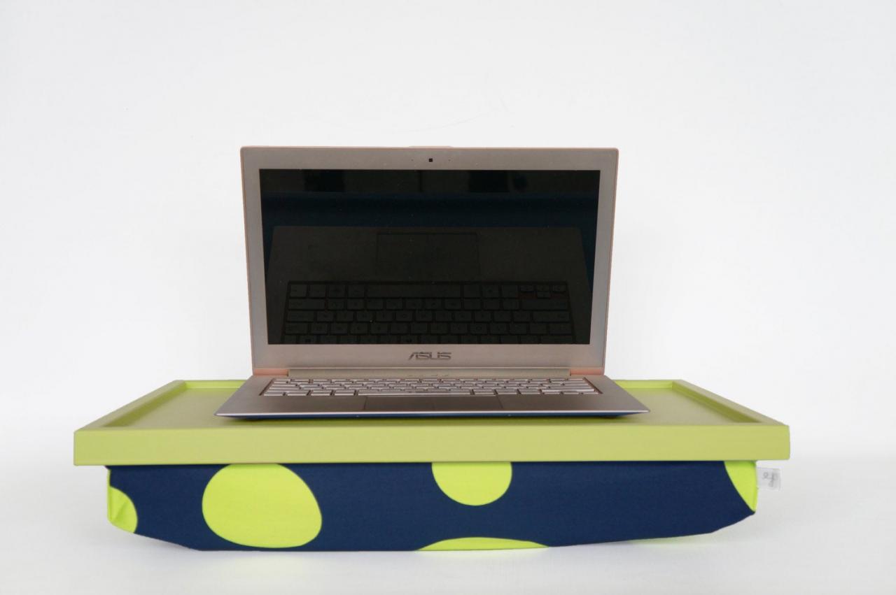 Laptop Stand, Tray- Light Green With Blue Pillow, Printed With Bright Green Xl Irregular Polka Dots