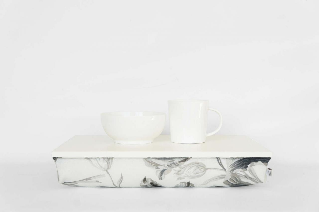 Wedding Gift For Newlyweds- Breakfast Serving Bed Tray- Ivory Tray, Off White With Black And White Flower Pattern Pillow