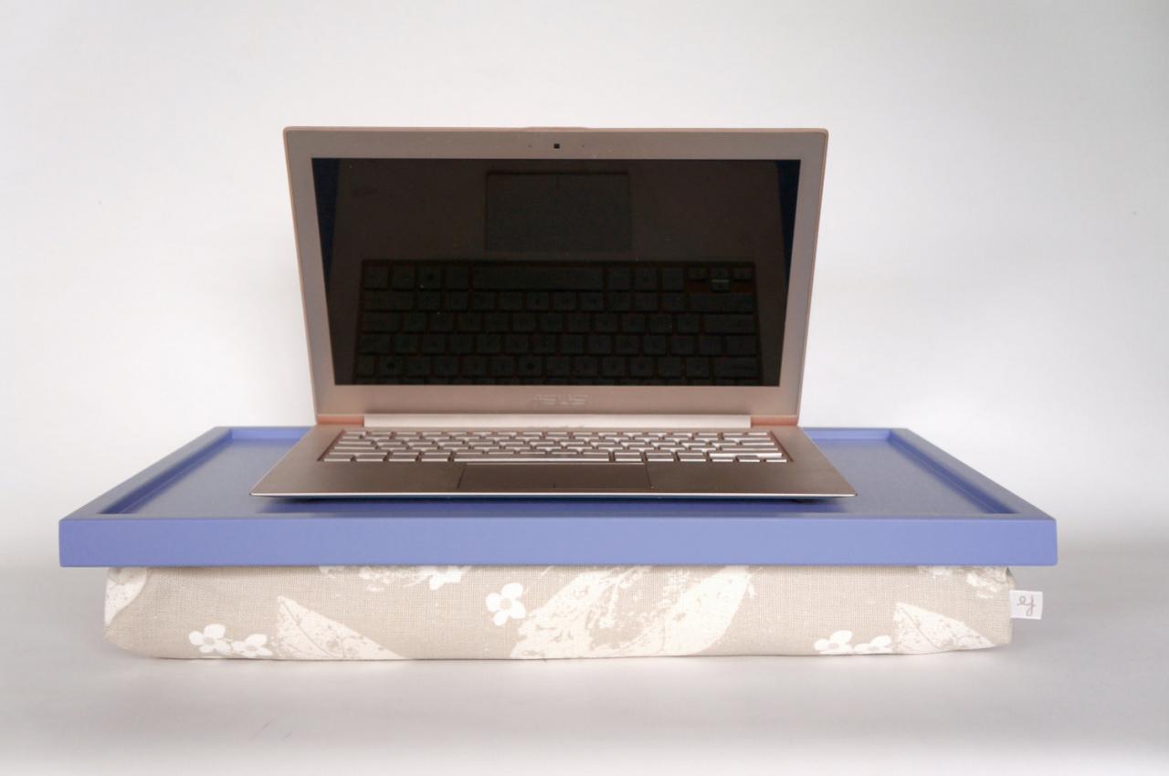 Laptop Sand, Computer Tray- Light Slate Blue Tray With Pastel Grey Flower Print Pillow