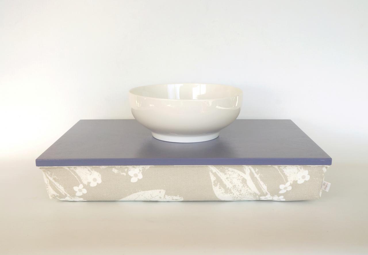 Pillow tray, Stable table, iPad stand or wooden Breakfast in Bed serving Tray - Light Slate Blue with pastel grey flower print Pillow