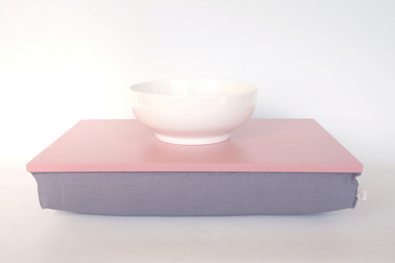 Pillow Tray, Stable Table, Ipad Stand Or Wooden Breakfast In Bed Serving Tray - Warm Pastel Pink With Blue Shade Grey Linen Pillow