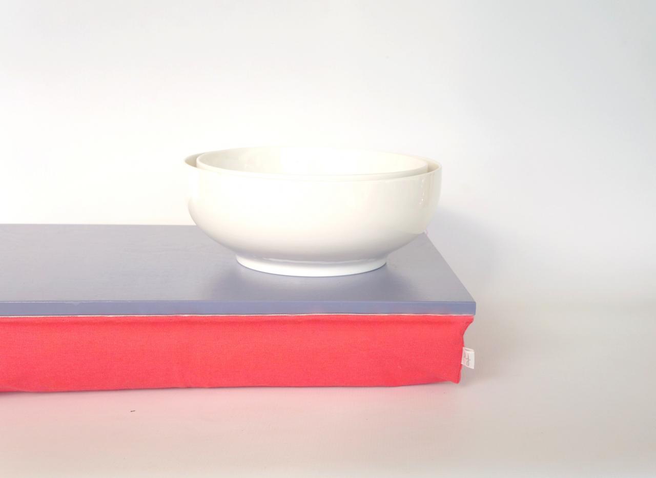 Breakfast In Bed Tray, Laptop Lap Desk Without Edges - Light Slate Blue With Watermelon Red Cushion