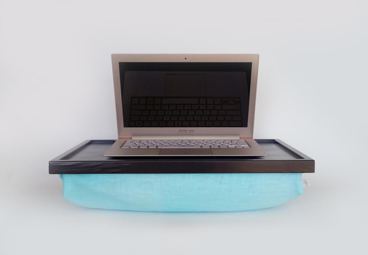 Aqua Pillow Ipad Desk Or Laptop Lap Desk - Black With Aque Linen Pillow