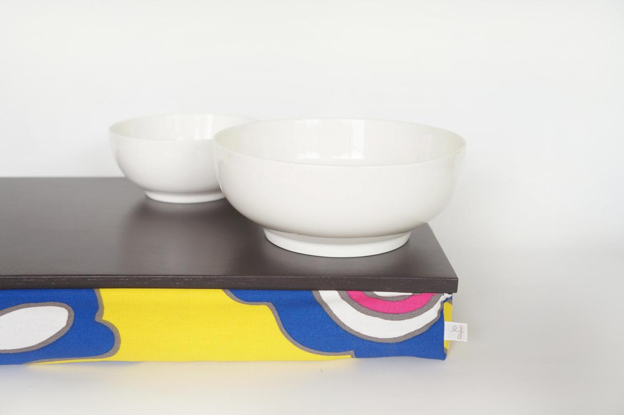 Pillow tray, Stable table, iPad stand or wooden Breakfast in Bed serving Tray - Graphite grey with Yellow printed Pillow