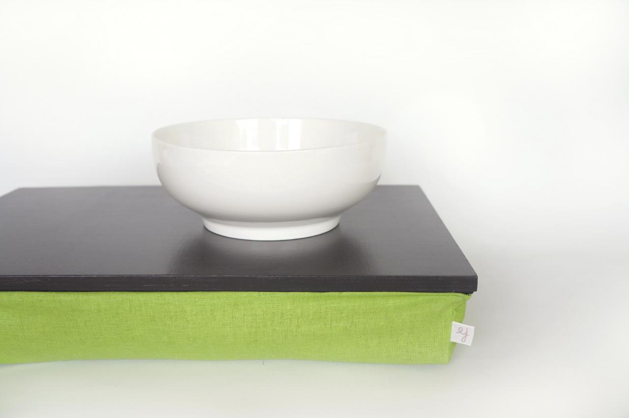 Stable Table, Ipad Stand Or Wooden Breakfast In Bed Serving Tray - Graphite Grey With Spring Green Linen Pillow