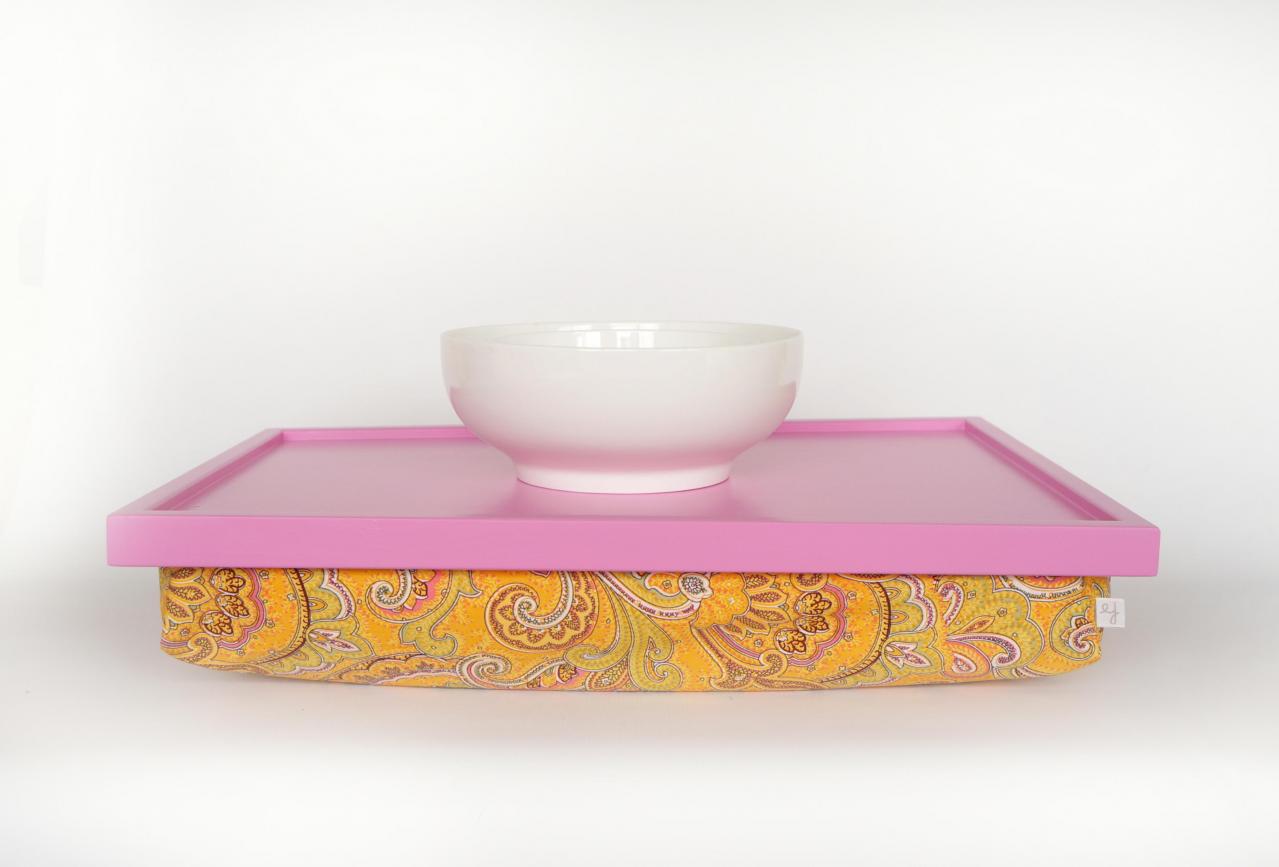 Computer Desk With Pillow, Laptop Stand- Brigt Pink With With Yellow Paisley Cotton Pillow