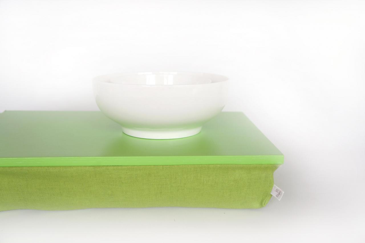Stable Table, Ipad Stand Or Wooden Breakfast In Bed Serving Tray - Bright Green With Spring Green Linen Pillow