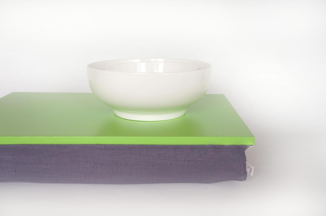 Bed Tray, Ipad Stable Table Or Laptop Lap Desk Without Edges - Bright Green With Blue Shade Grey Linen Pillow