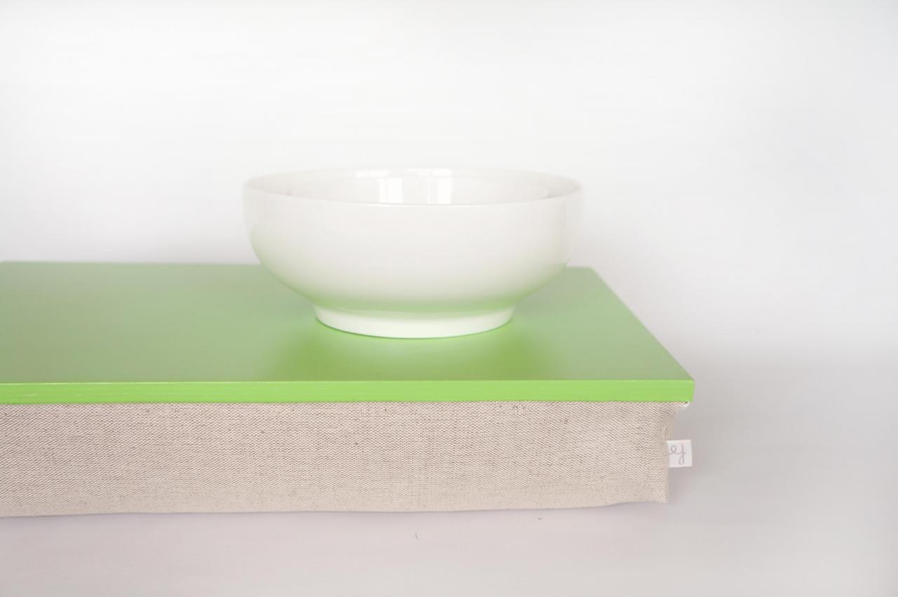 Bed Tray, Ipad Stable Table Or Laptop Lap Desk Without Edges - Bright Green With Natural Thick Linen Pillow