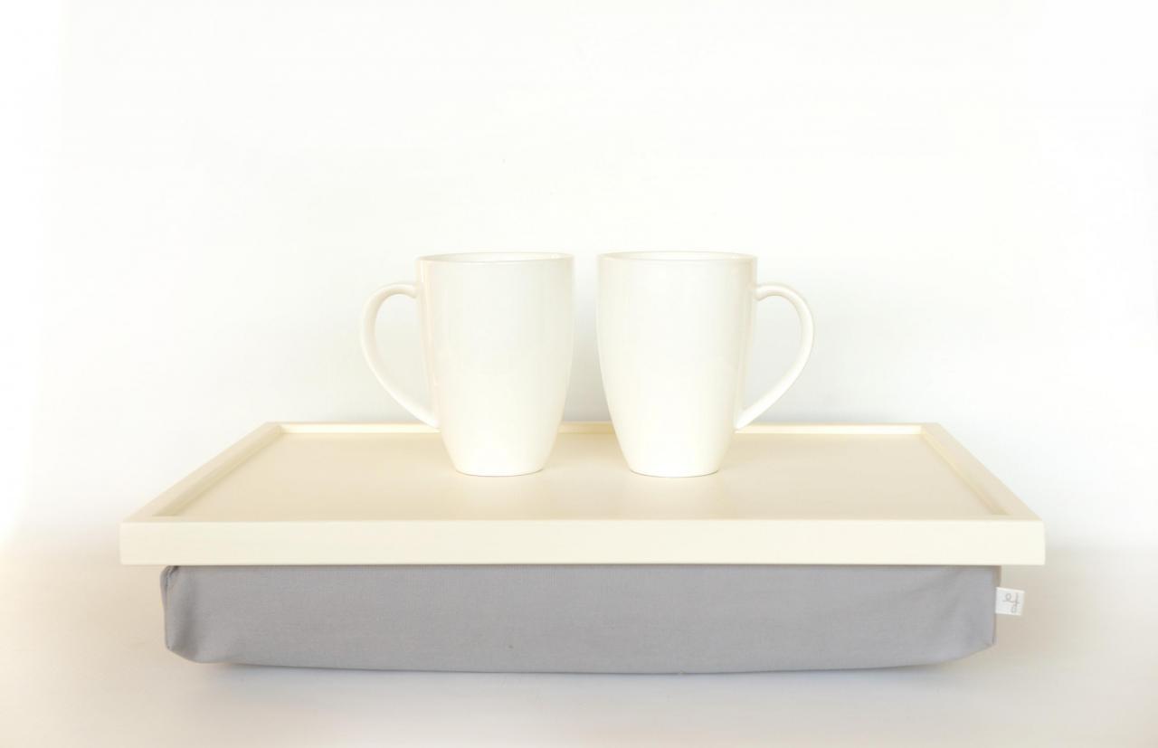 Laptop Lap Desk Or Breakfast Serving Tray - Off White With Grey Linnen Fabric