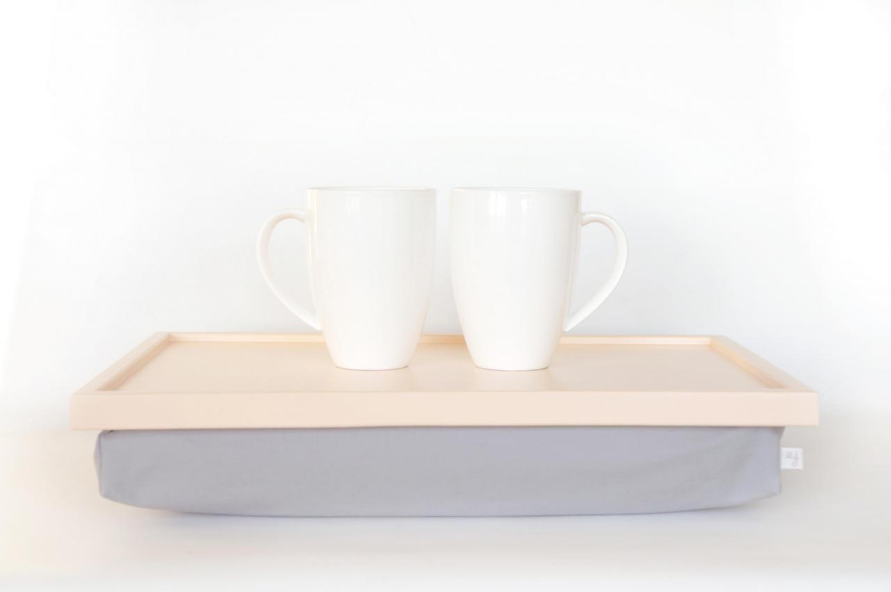 Bed serving tray, Laptop Lap Desk, Pillow Tray - Pastel Peach with Grey Linen Fabric