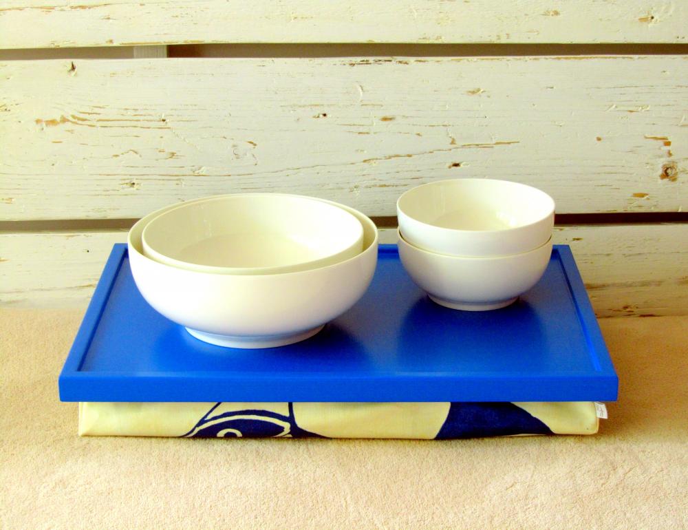 Laptop Lap Desk Or Breakfast Serving Tray - Bright Blue With Indigo Blue Fish Print On Creme Fabric