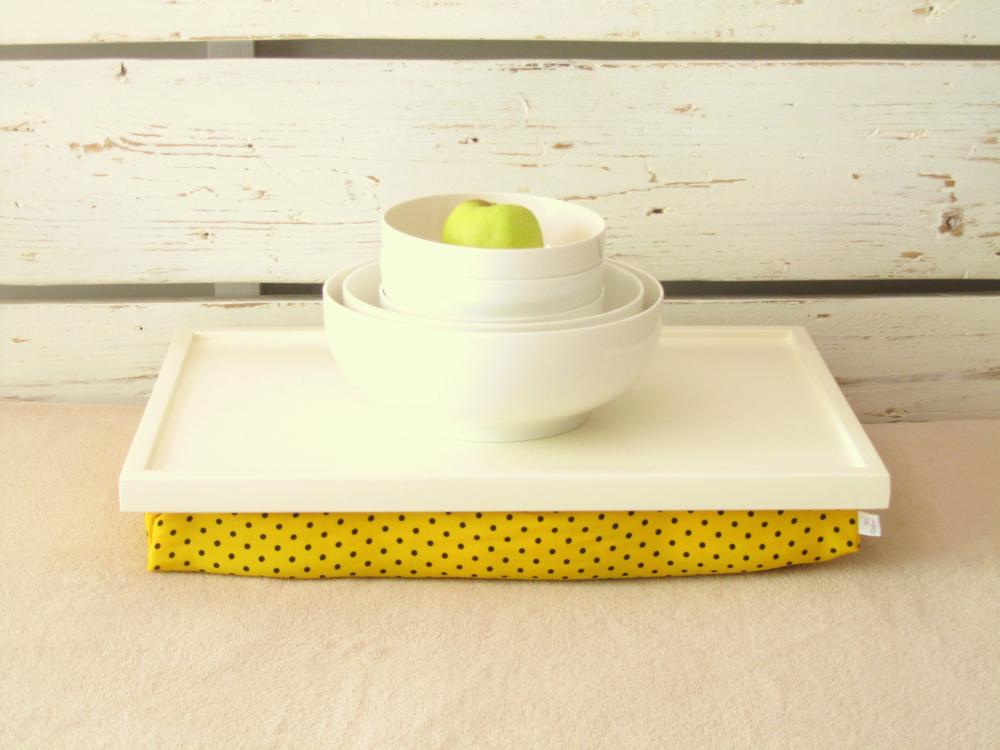 Wooden Laptop Lap Desk Or Breakfast Serving Tray - Ecru White With Yellow, Black Polka Dot Fabric
