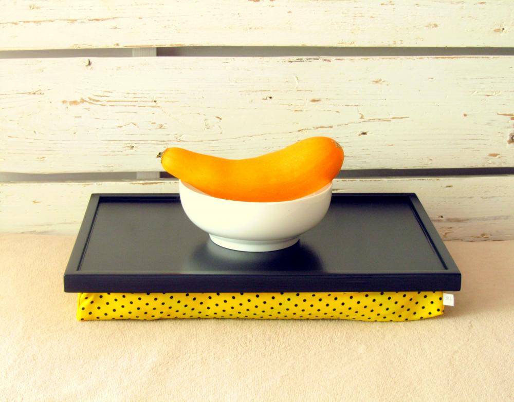 Wooden Laptop Lap Desk Or Breakfast Serving Tray - Black With Yellow, Black Polka Dot Fabric