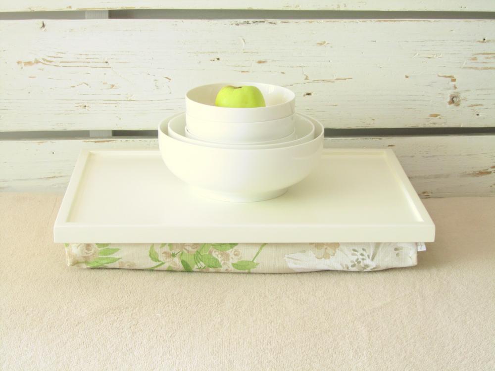 Wood Breakfast Serving Or Laptop Lap Desk- Off White With White And Green Vintage Flower Printed Linen Pillow
