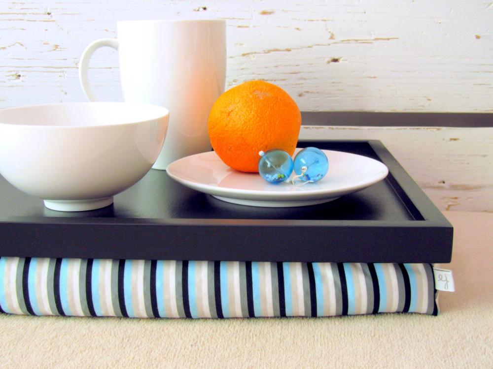 Wide - Xl Size - Laptop Lap Desk Or Breakfast Serving Tray - Black With Aqua And Grey Stripes- Custom Order
