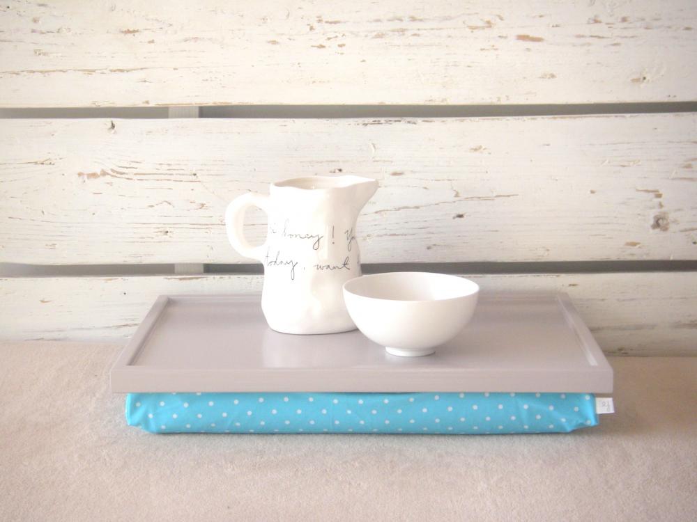 Laptop Lap Desk Or Breakfast Serving Tray - Soft Grey With Aqua And White Polka Dots - Custom Order