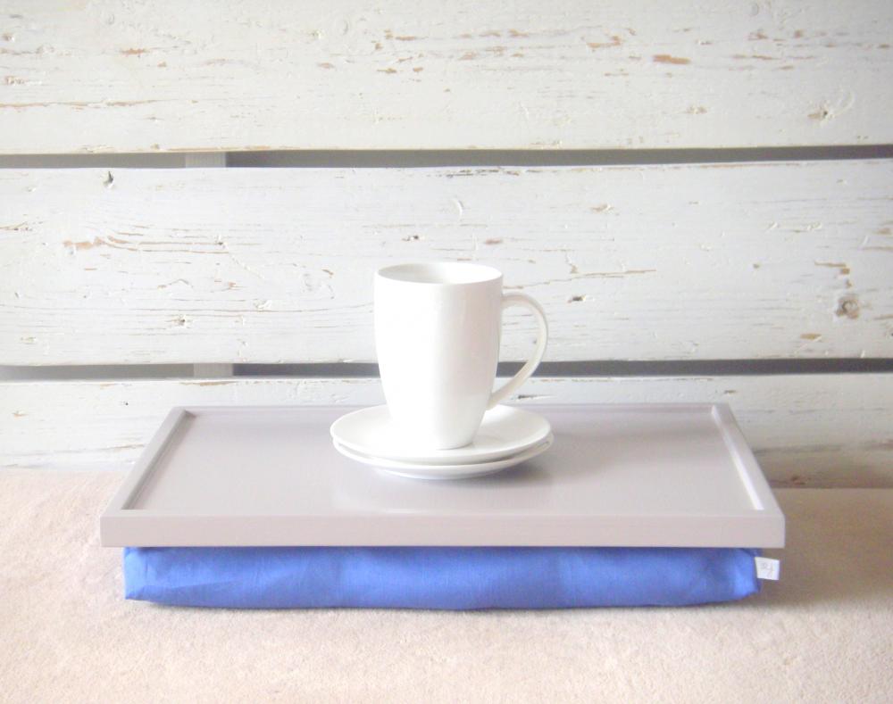 Breakfast Serving Or Laptop Lap Desk- Soft Grey With Blue Linen Farbric- Custom Order