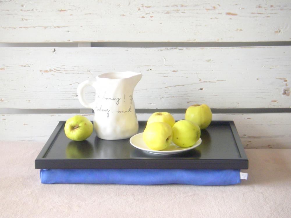 Breakfast Serving Or Laptop Lap Desk- Black With Blue Linen Farbric- Custom Order