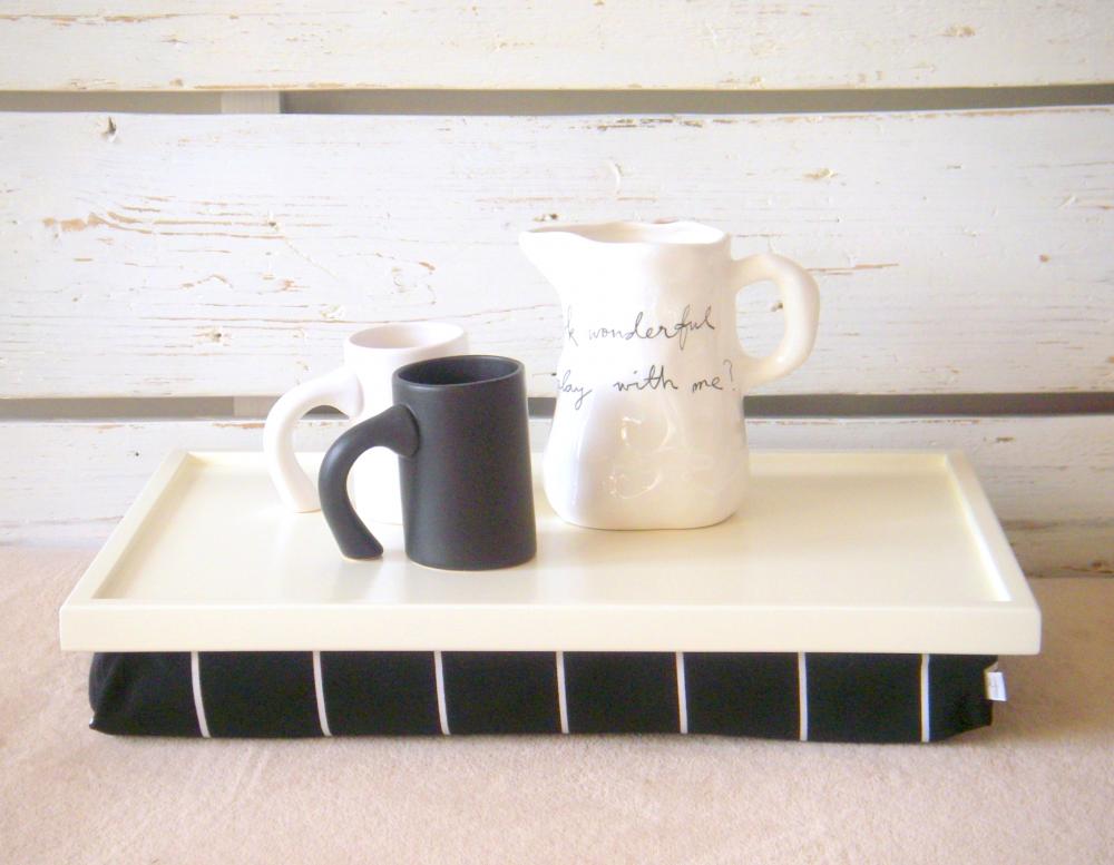 Laptop Lap Desk Or Breakfast Serving Tray - Off White With Black And White Striped Jersey Fabric Pillow - Custom Order