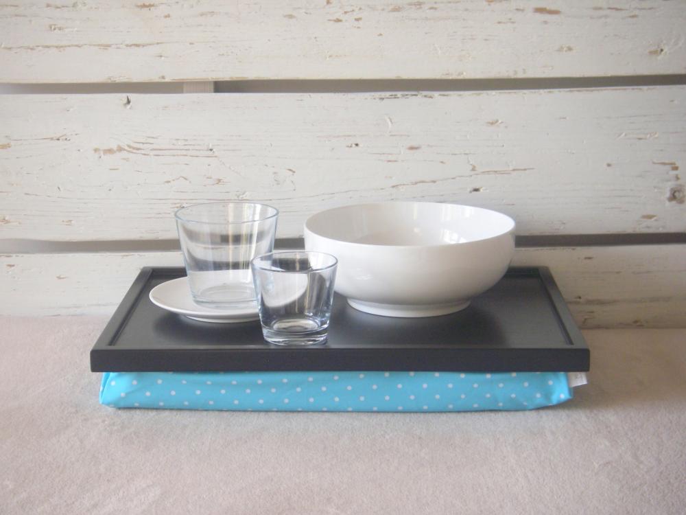 Laptop Lap Desk Or Breakfast Serving Tray - Black With Aqua And White Polka Dots - Custom Order