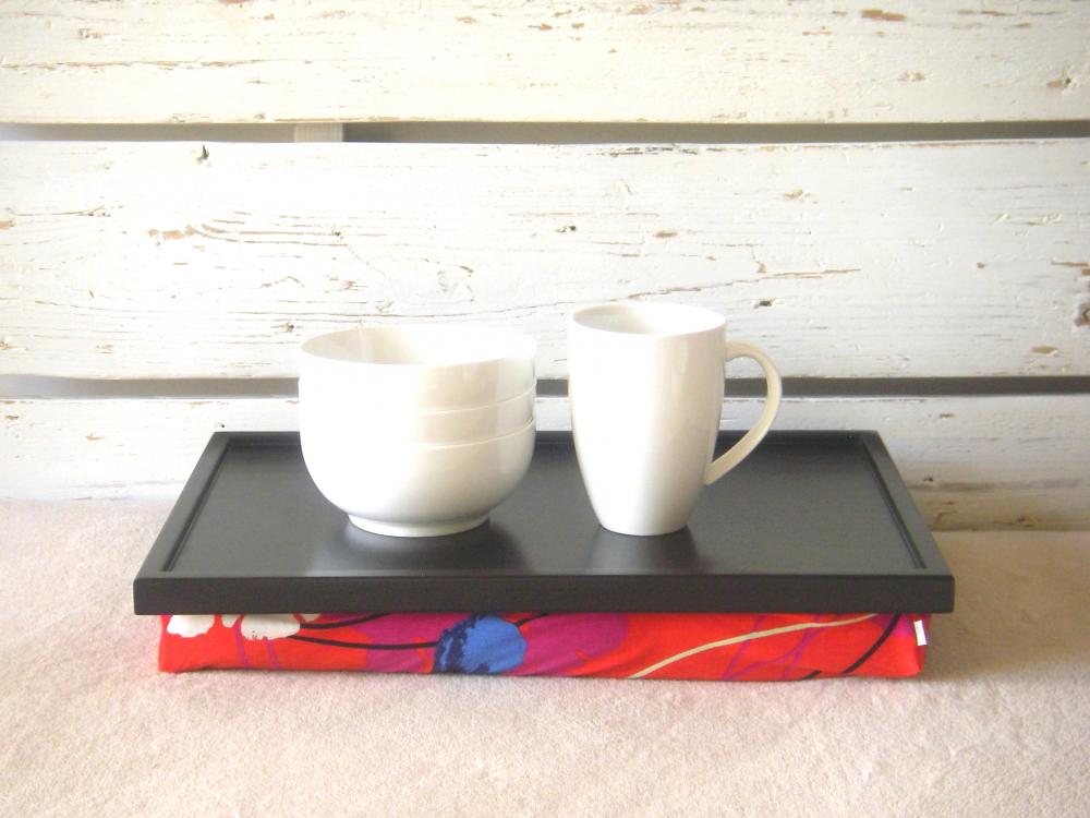 Laptop Lap Desk Or Breakfast Serving Tray - Black With Red, Blue, Mint, Purple And Ivory Flower Print, Jersey Pillow